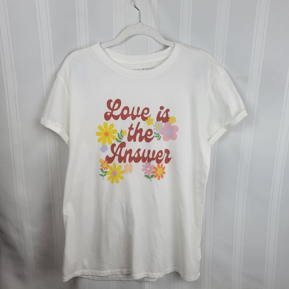 Lucky Brand White T-Shirt Cotton Love is the Answer, Medium Hippie Floral